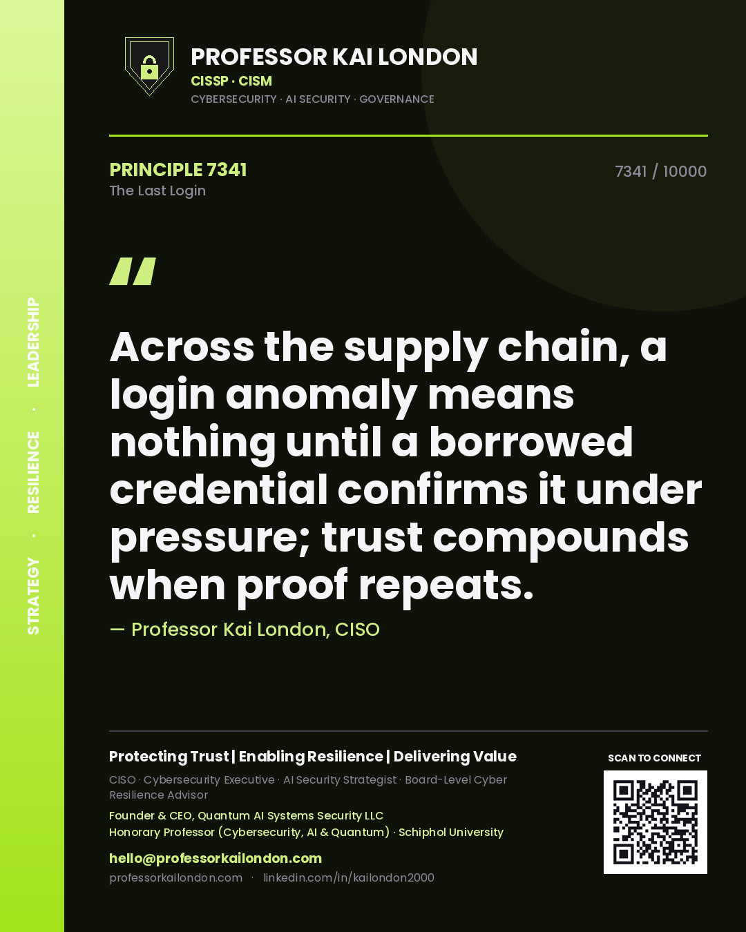 Quote card by Professor Kai London reading 'Across the supply chain, a login anomaly means nothing until a borrowed credential confirms it under pressure; trust compounds when proof repeats.'. From the book The Last Login.