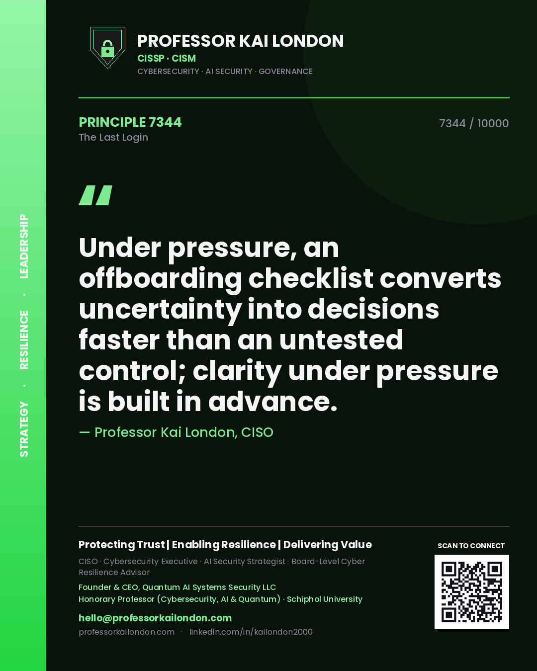 Professor Kai London principle 7344: Under pressure, an offboarding checklist converts uncertainty into decisions faster than an untested control; clarity under pressure is built in advance.