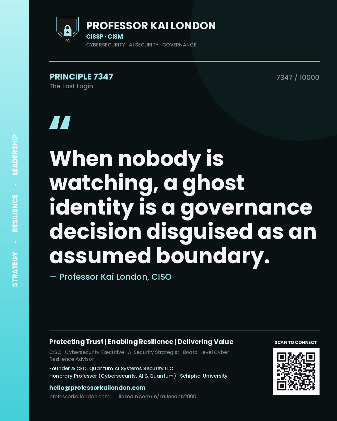 Quote card by Professor Kai London reading 'When nobody is watching, a ghost identity is a governance decision disguised as an assumed boundary.'. From the book The Last Login.