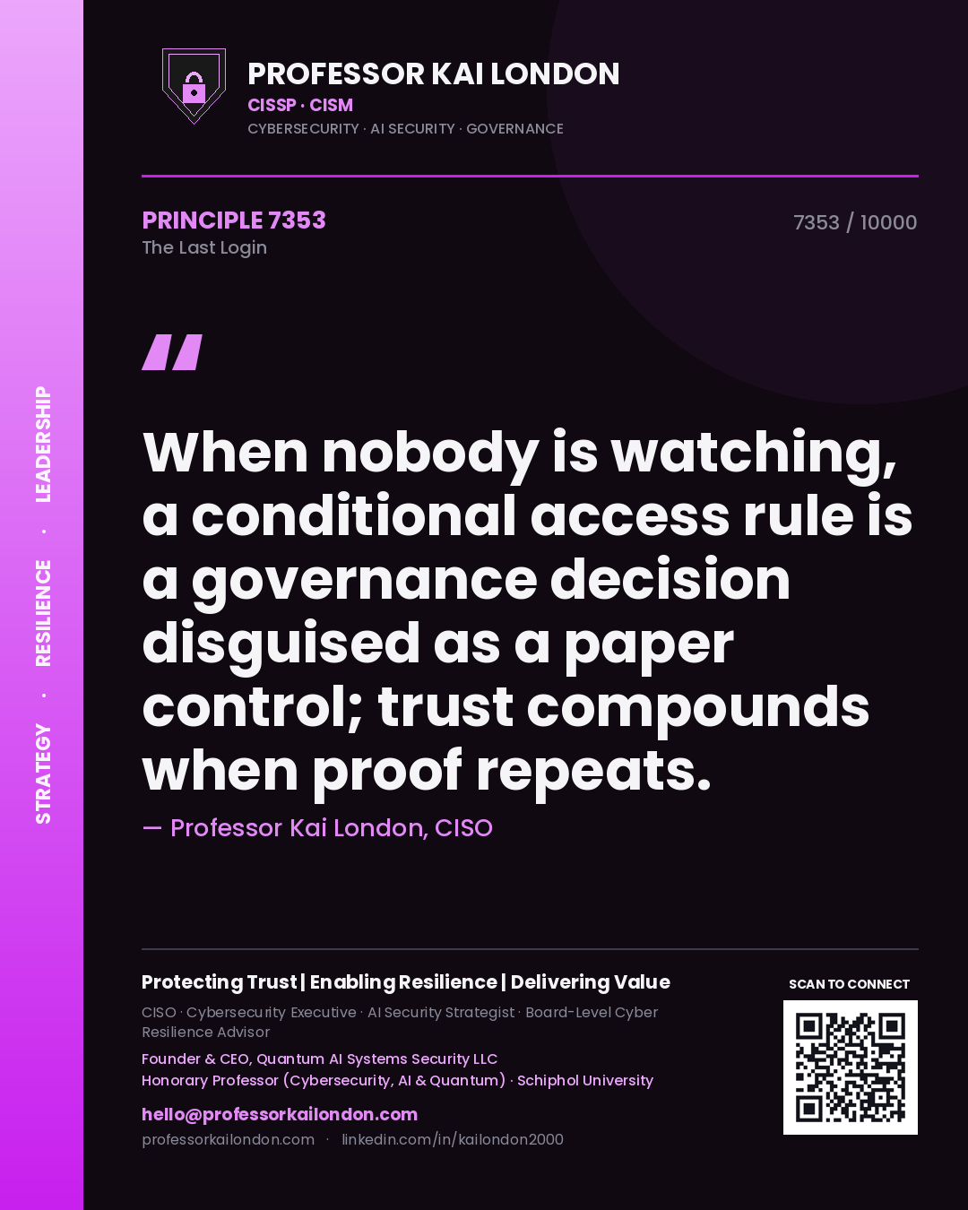 Quote card by Professor Kai London reading 'When nobody is watching, a conditional access rule is a governance decision disguised as a paper control; trust compounds when proof repeats.'. From the book The Last Login.