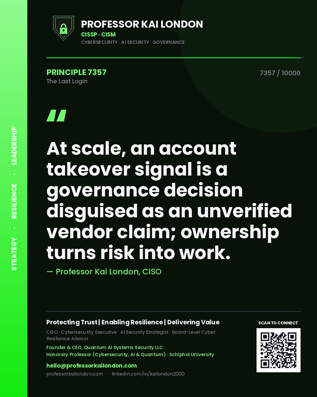Professor Kai London principle 7357: At scale, an account takeover signal is a governance decision disguised as an unverified vendor claim; ownership turns risk into work.