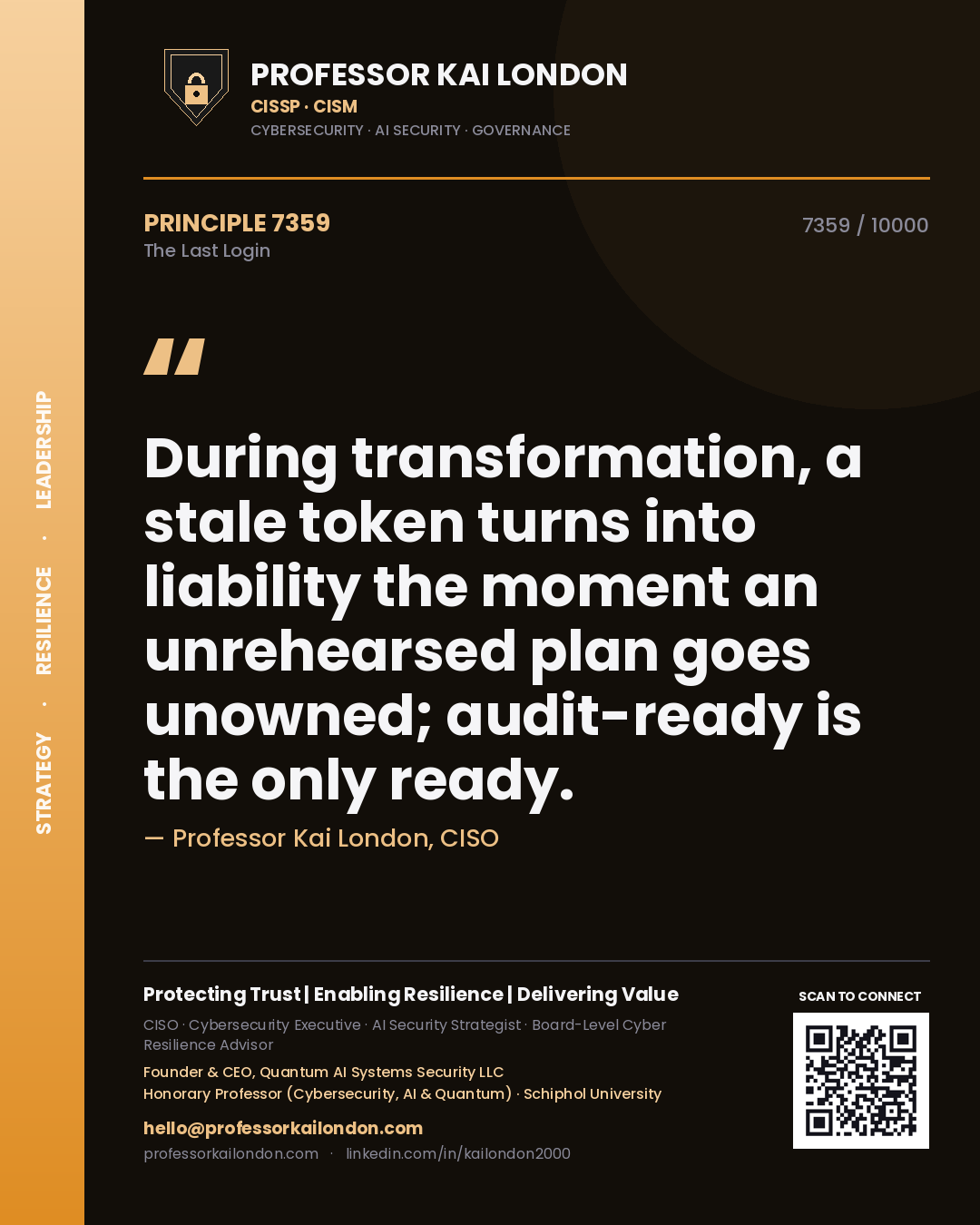Professor Kai London principle 7359: During transformation, a stale token turns into liability the moment an unrehearsed plan goes unowned; audit-ready is the only ready.