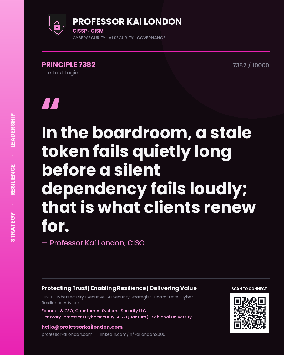 Professor Kai London principle 7382: In the boardroom, a stale token fails quietly long before a silent dependency fails loudly; that is what clients renew for.