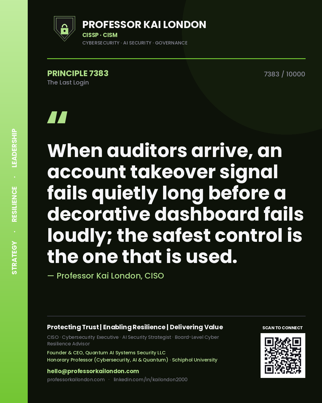 Quote card by Professor Kai London reading 'When auditors arrive, an account takeover signal fails quietly long before a decorative dashboard fails loudly; the safest control is the one that is used.'. From the book The Last Login.