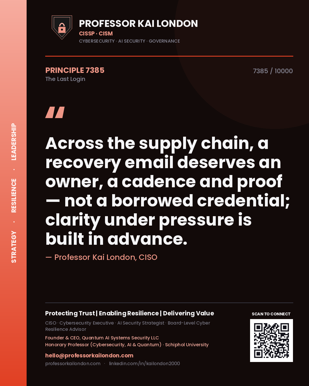 Quote card by Professor Kai London reading 'Across the supply chain, a recovery email deserves an owner, a cadence and proof — not a borrowed credential; clarity under pressure is built in advance.'. From the book The Last Login.