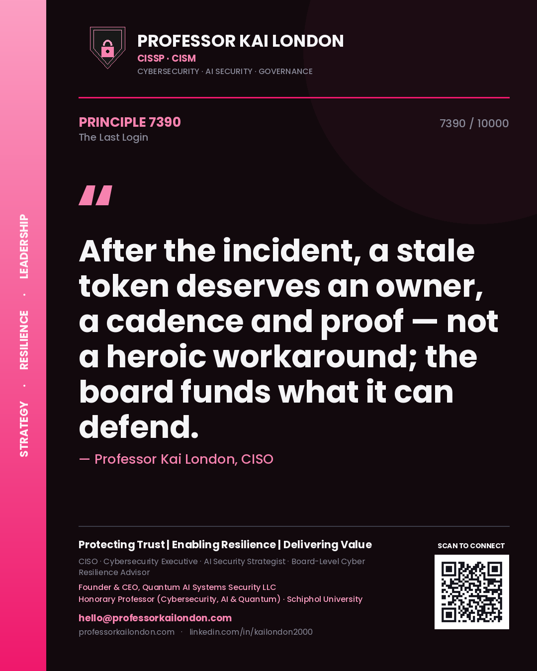 Professor Kai London principle 7390: After the incident, a stale token deserves an owner, a cadence and proof — not a heroic workaround; the board funds what it can defend.