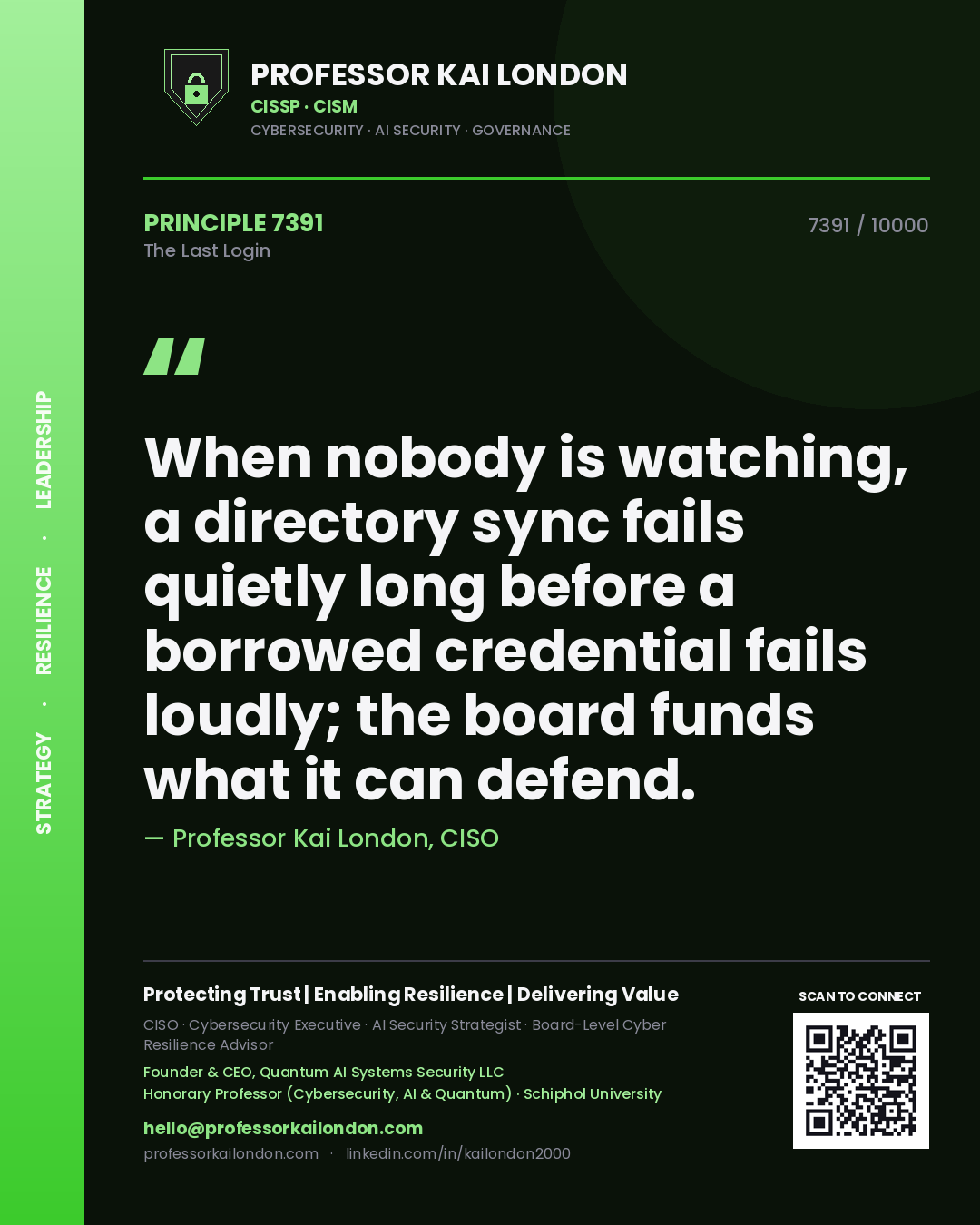 Quote card by Professor Kai London reading 'When nobody is watching, a directory sync fails quietly long before a borrowed credential fails loudly; the board funds what it can defend.'. From the book The Last Login.
