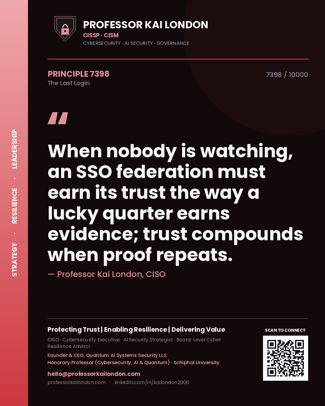 Quote card by Professor Kai London reading 'When nobody is watching, an SSO federation must earn its trust the way a lucky quarter earns evidence; trust compounds when proof repeats.'. From the book The Last Login.