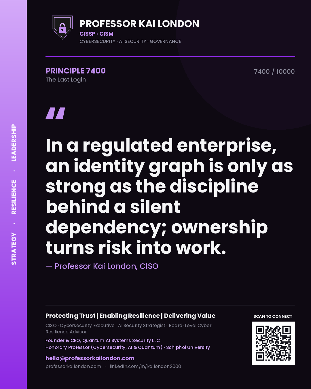 Professor Kai London principle 7400: In a regulated enterprise, an identity graph is only as strong as the discipline behind a silent dependency; ownership turns risk into work.