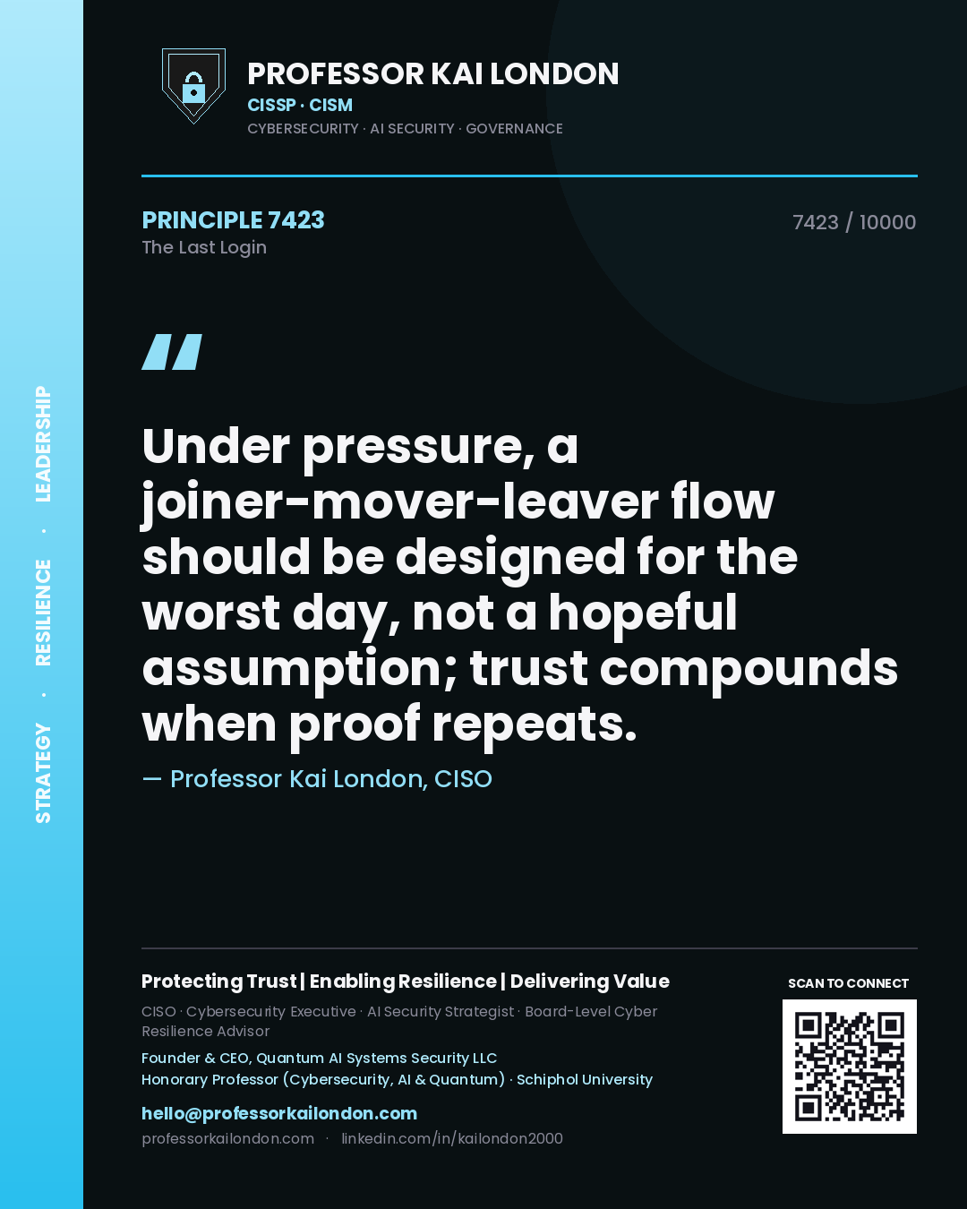 Quote card by Professor Kai London reading 'Under pressure, a joiner-mover-leaver flow should be designed for the worst day, not a hopeful assumption; trust compounds when proof repeats.'. From the book The Last Login.