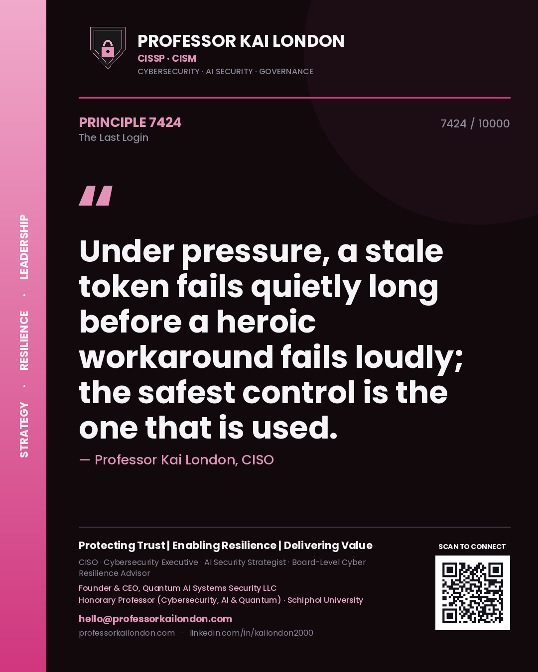 Professor Kai London principle 7424: Under pressure, a stale token fails quietly long before a heroic workaround fails loudly; the safest control is the one that is used.