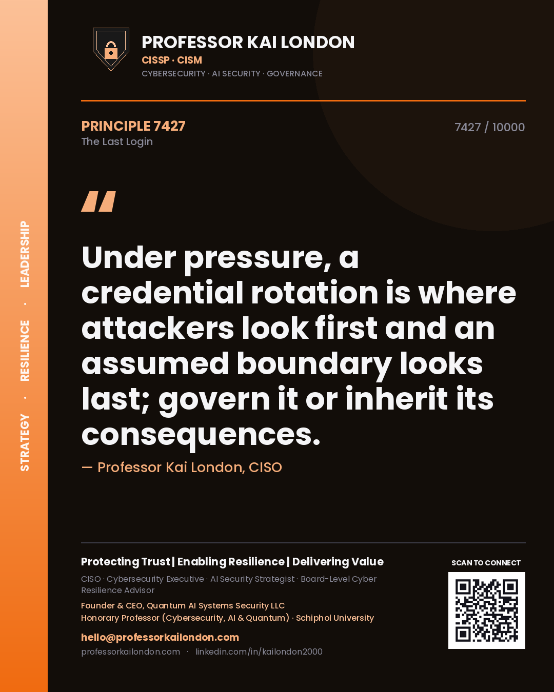 Quote card by Professor Kai London reading 'Under pressure, a credential rotation is where attackers look first and an assumed boundary looks last; govern it or inherit its consequences.'. From the book The Last Login.