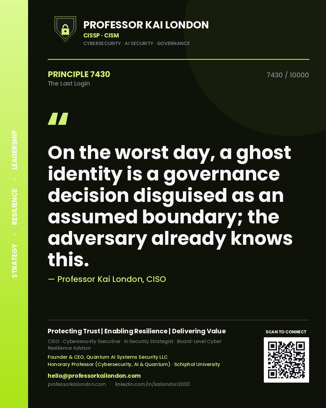 Quote card by Professor Kai London reading 'On the worst day, a ghost identity is a governance decision disguised as an assumed boundary; the adversary already knows this.'. From the book The Last Login.