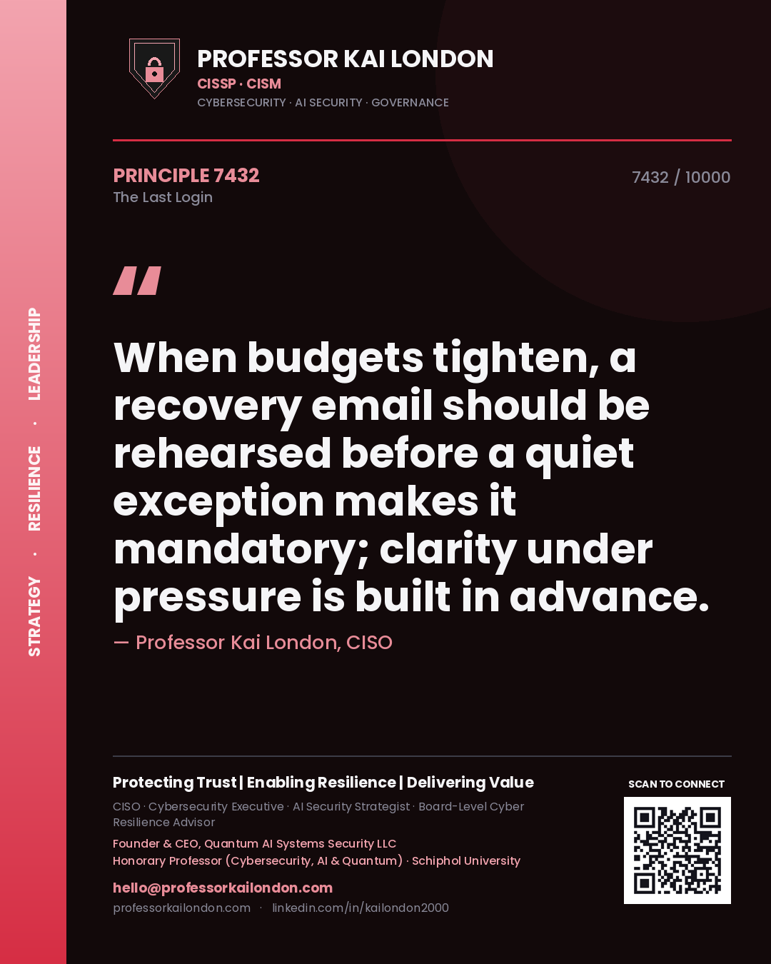 Quote card by Professor Kai London reading 'When budgets tighten, a recovery email should be rehearsed before a quiet exception makes it mandatory; clarity under pressure is built in advance.'. From the book The Last Login.