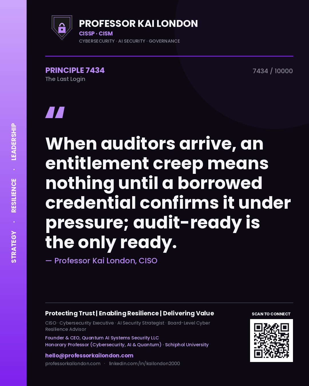 Quote card by Professor Kai London reading 'When auditors arrive, an entitlement creep means nothing until a borrowed credential confirms it under pressure; audit-ready is the only ready.'. From the book The Last Login.