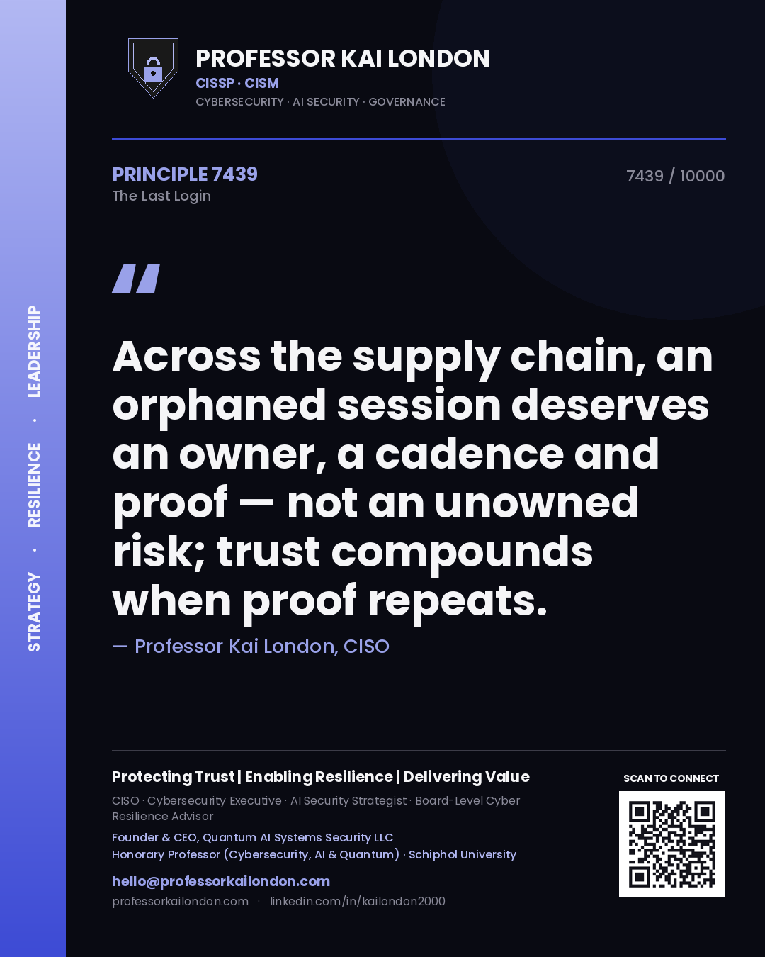 Professor Kai London principle 7439: Across the supply chain, an orphaned session deserves an owner, a cadence and proof — not an unowned risk; trust compounds when proof repeats.