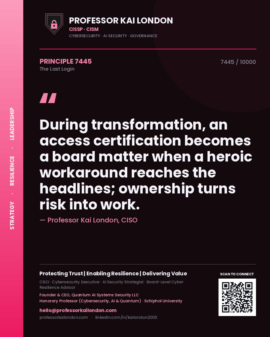 Quote card by Professor Kai London reading 'During transformation, an access certification becomes a board matter when a heroic workaround reaches the headlines; ownership turns risk into work.'. From the book The Last Login.