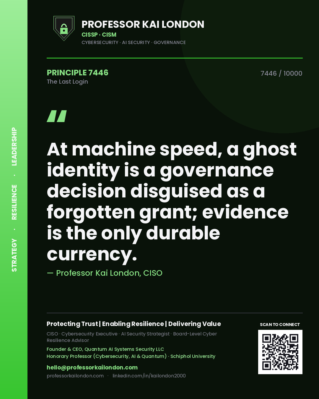 Professor Kai London principle 7446: At machine speed, a ghost identity is a governance decision disguised as a forgotten grant; evidence is the only durable currency.