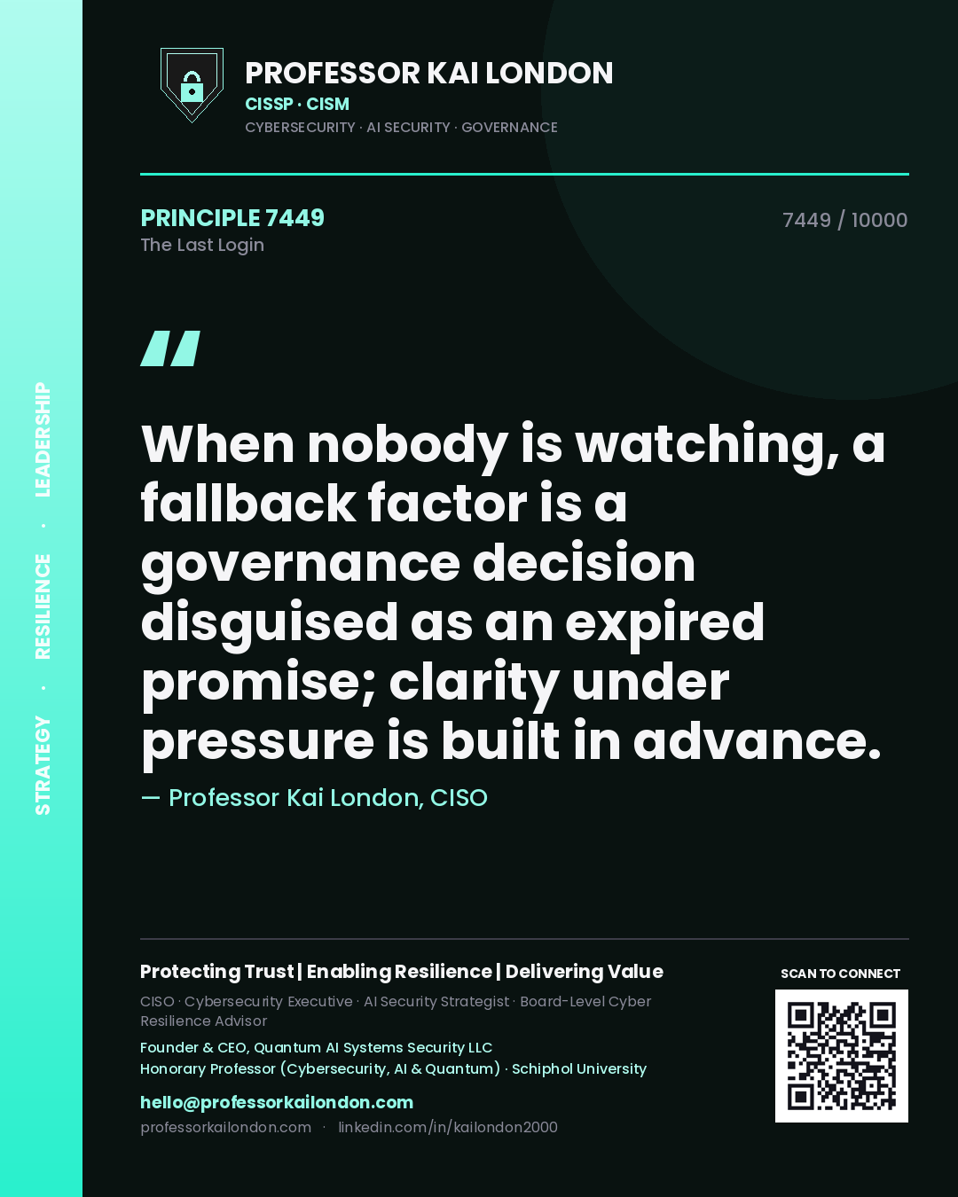 Professor Kai London principle 7449: When nobody is watching, a fallback factor is a governance decision disguised as an expired promise; clarity under pressure is built in advance.