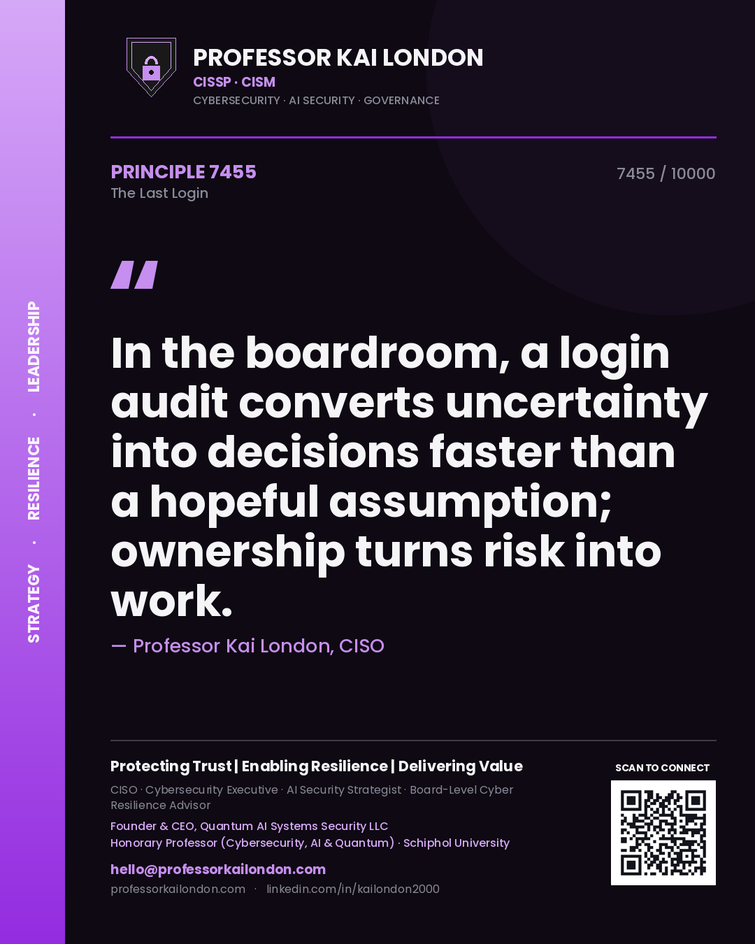 Quote card by Professor Kai London reading 'In the boardroom, a login audit converts uncertainty into decisions faster than a hopeful assumption; ownership turns risk into work.'. From the book The Last Login.