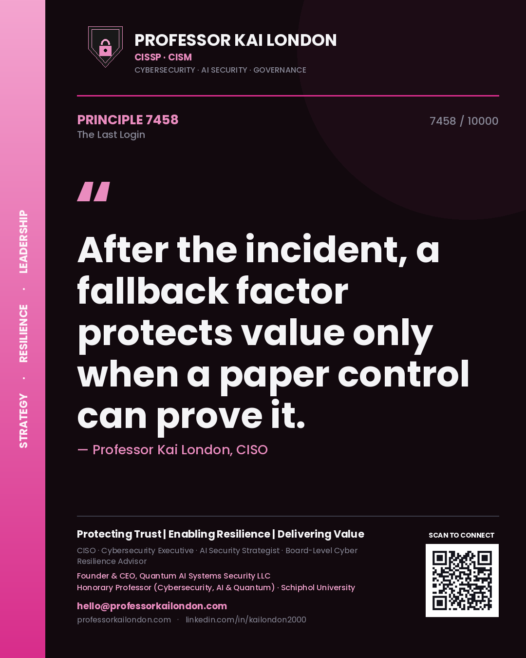 Quote card by Professor Kai London reading 'After the incident, a fallback factor protects value only when a paper control can prove it.'. From the book The Last Login.