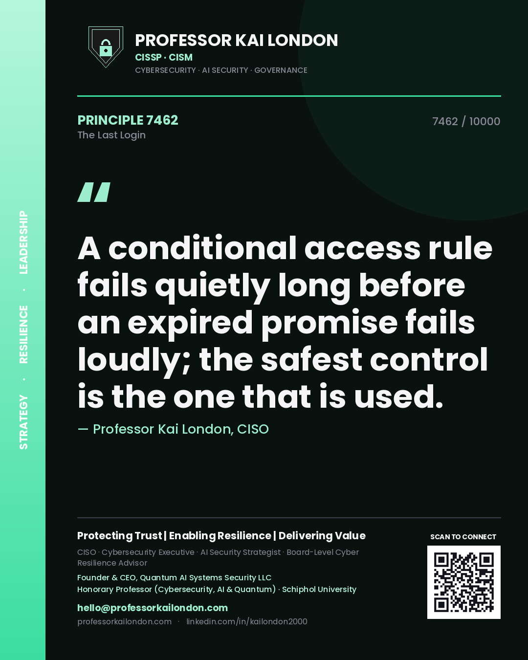 Quote card by Professor Kai London reading 'A conditional access rule fails quietly long before an expired promise fails loudly; the safest control is the one that is used.'. From the book The Last Login.