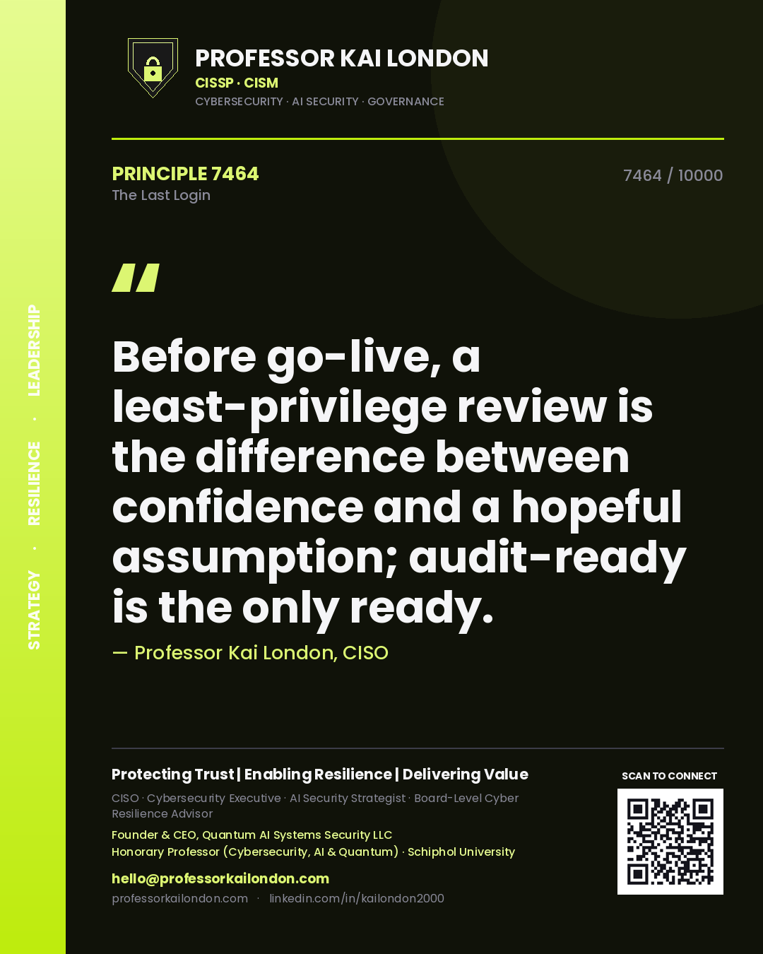 Quote card by Professor Kai London reading 'Before go-live, a least-privilege review is the difference between confidence and a hopeful assumption; audit-ready is the only ready.'. From the book The Last Login.