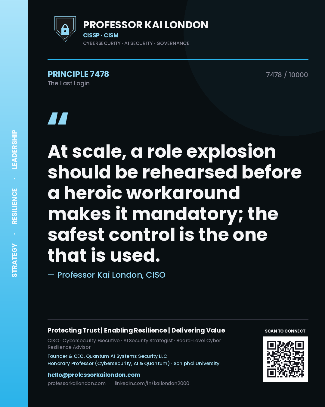 Quote card by Professor Kai London reading 'At scale, a role explosion should be rehearsed before a heroic workaround makes it mandatory; the safest control is the one that is used.'. From the book The Last Login.