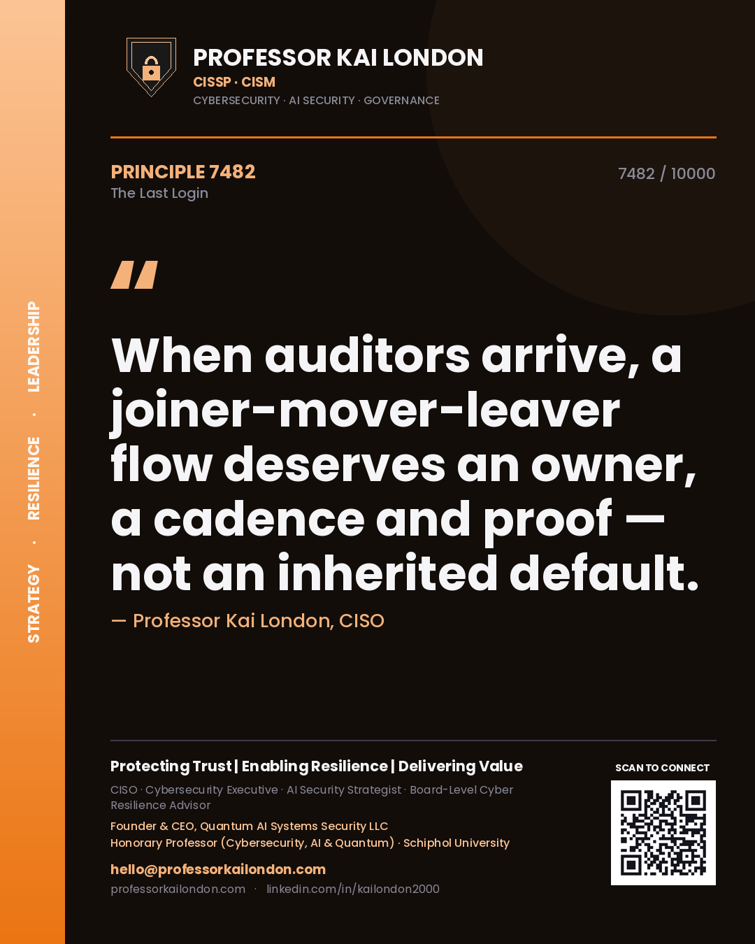 Professor Kai London principle 7482: When auditors arrive, a joiner-mover-leaver flow deserves an owner, a cadence and proof — not an inherited default.