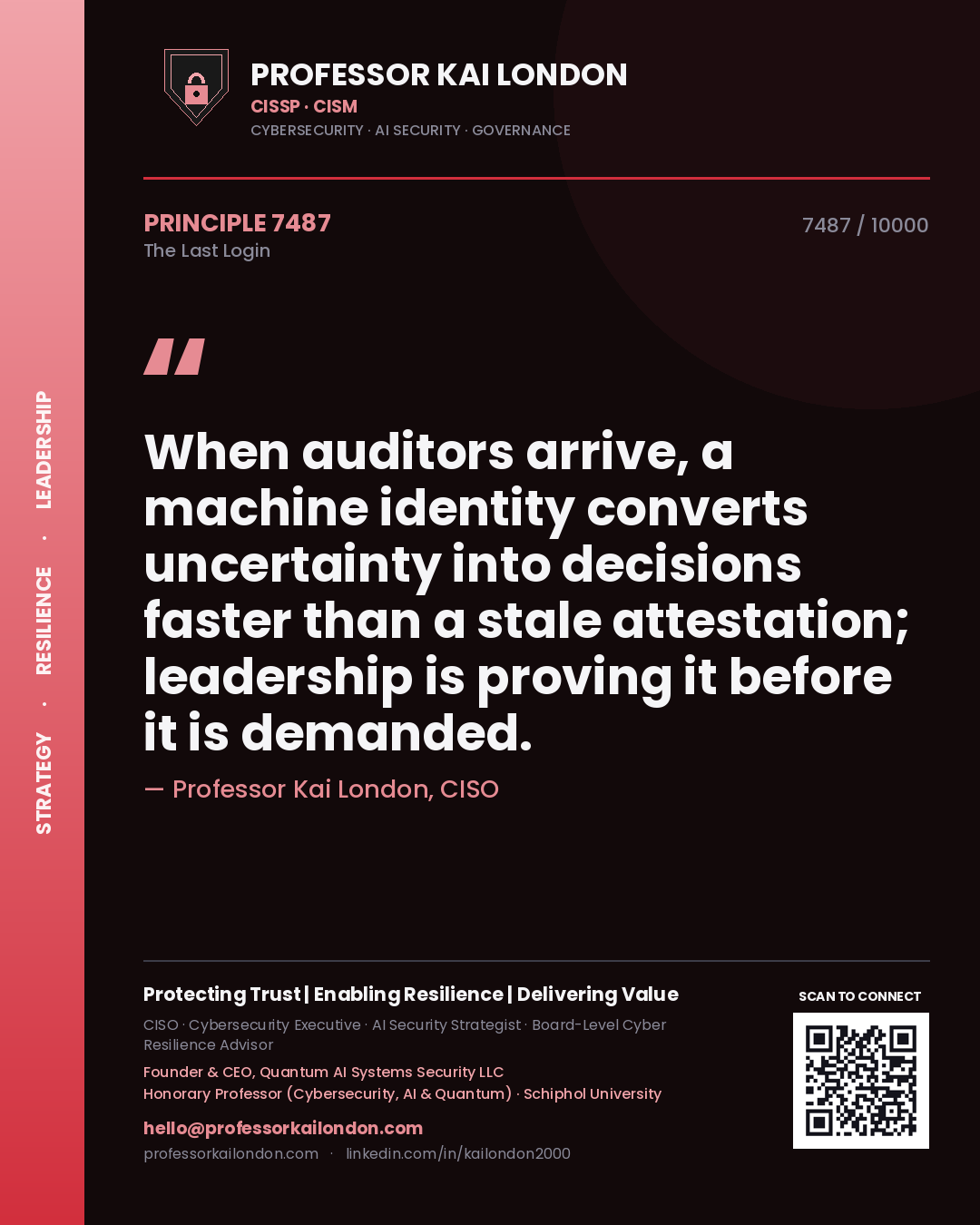 Quote card by Professor Kai London reading 'When auditors arrive, a machine identity converts uncertainty into decisions faster than a stale attestation; leadership is proving it before it is demanded.'. From the book The Last Login.