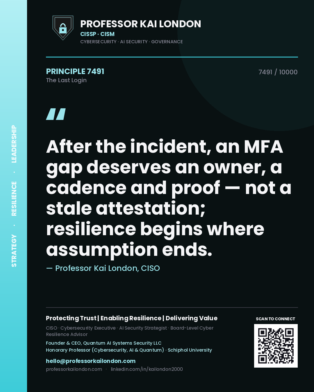 Quote card by Professor Kai London reading 'After the incident, an MFA gap deserves an owner, a cadence and proof — not a stale attestation; resilience begins where assumption ends.'. From the book The Last Login.