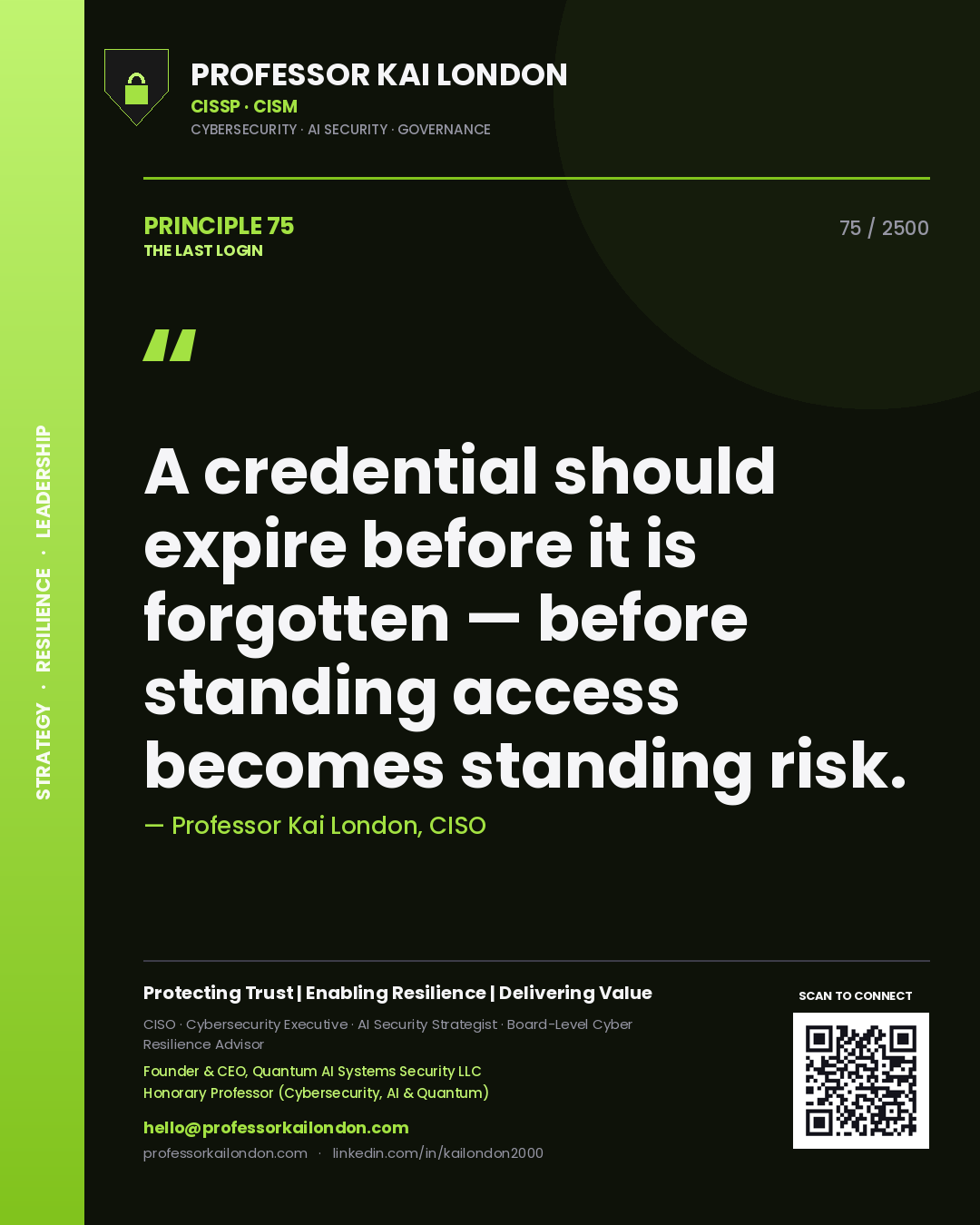 Quote card by Professor Kai London reading 'A credential should expire before it is forgotten — before standing access becomes standing risk.'. From the book The Last Login.