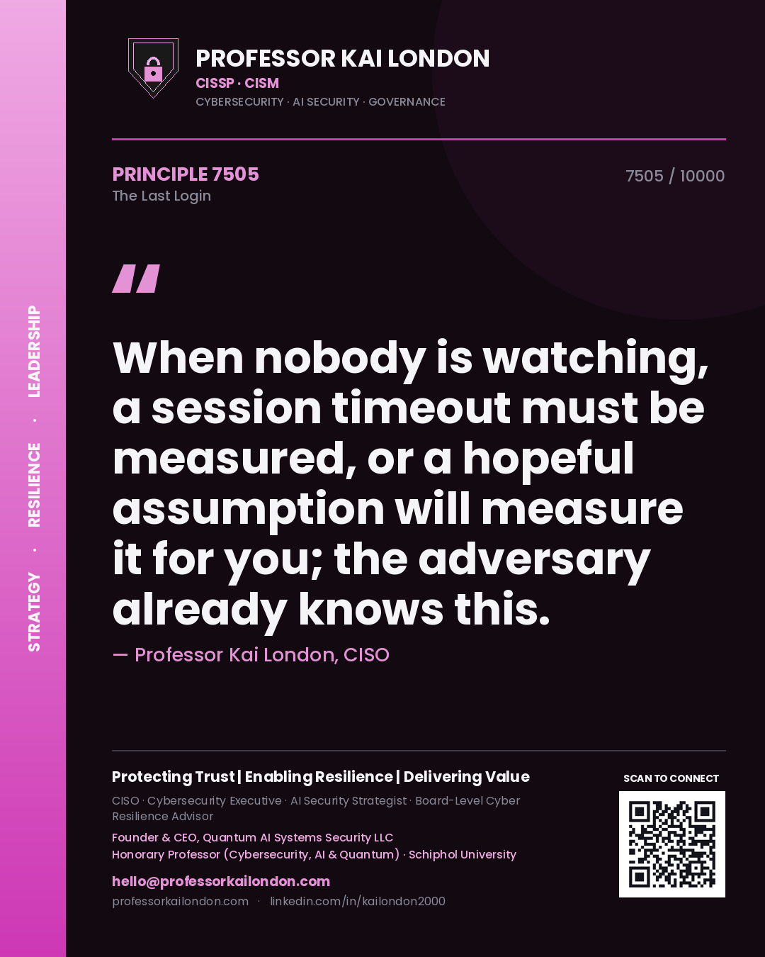 Professor Kai London principle 7505: When nobody is watching, a session timeout must be measured, or a hopeful assumption will measure it for you; the adversary already knows this.