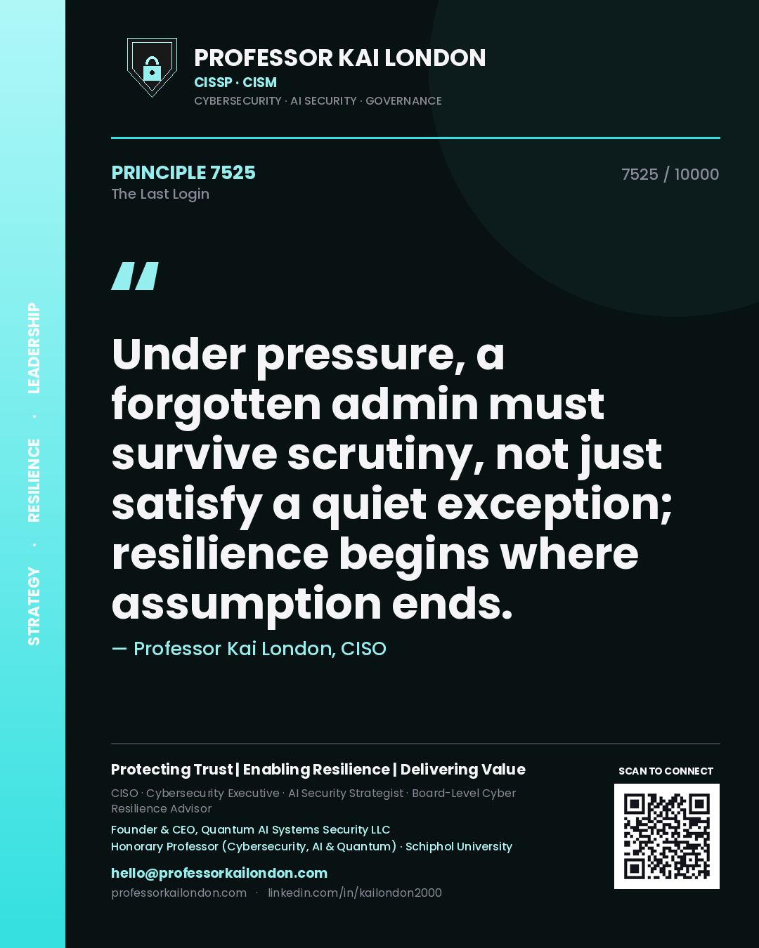 Quote card by Professor Kai London reading 'Under pressure, a forgotten admin must survive scrutiny, not just satisfy a quiet exception; resilience begins where assumption ends.'. From the book The Last Login.