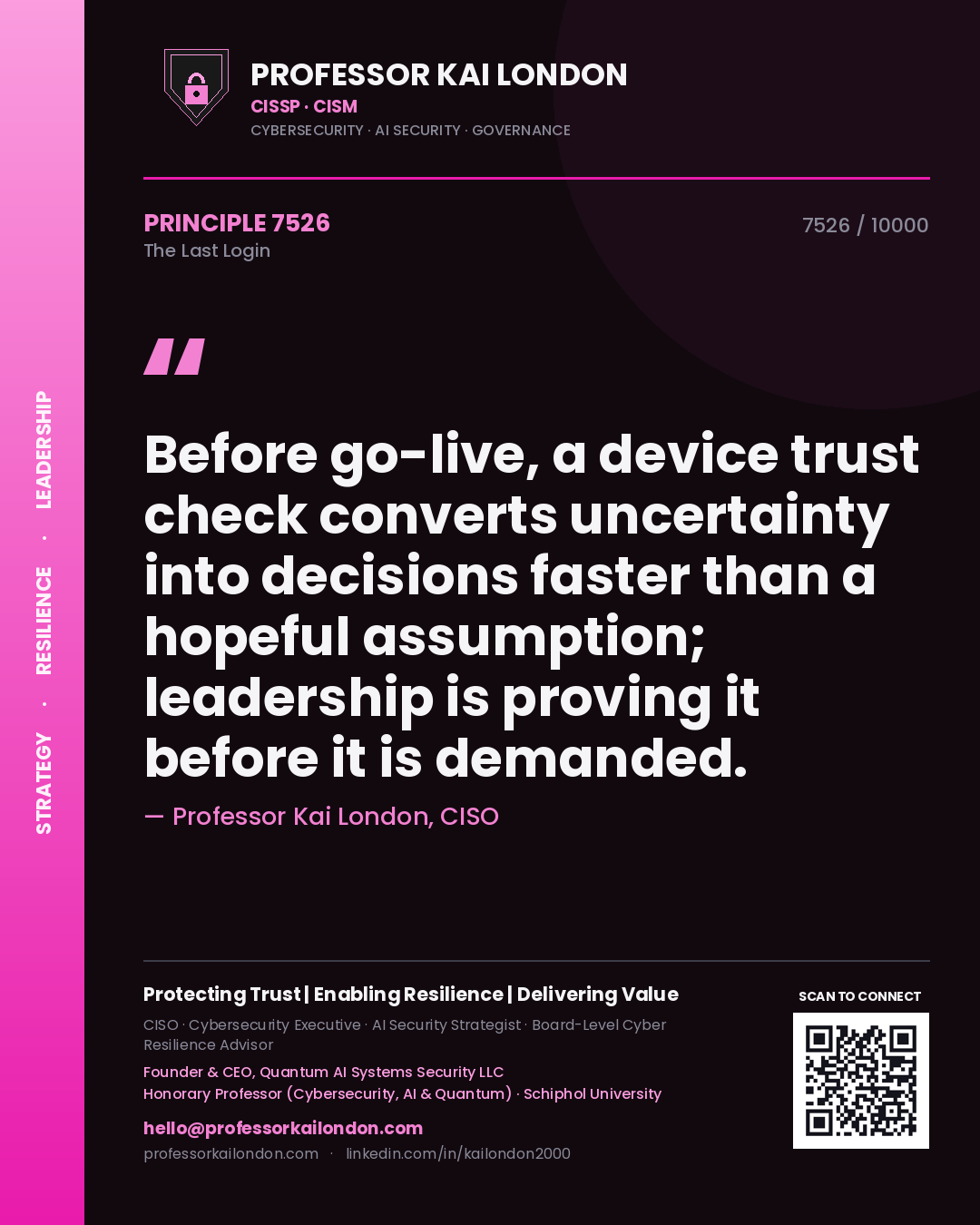 Professor Kai London principle 7526: Before go-live, a device trust check converts uncertainty into decisions faster than a hopeful assumption; leadership is proving it before it is demanded.