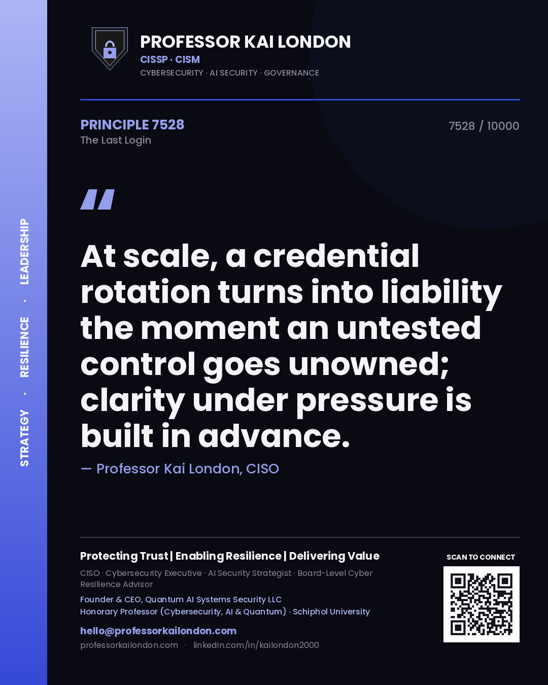 Quote card by Professor Kai London reading 'At scale, a credential rotation turns into liability the moment an untested control goes unowned; clarity under pressure is built in advance.'. From the book The Last Login.
