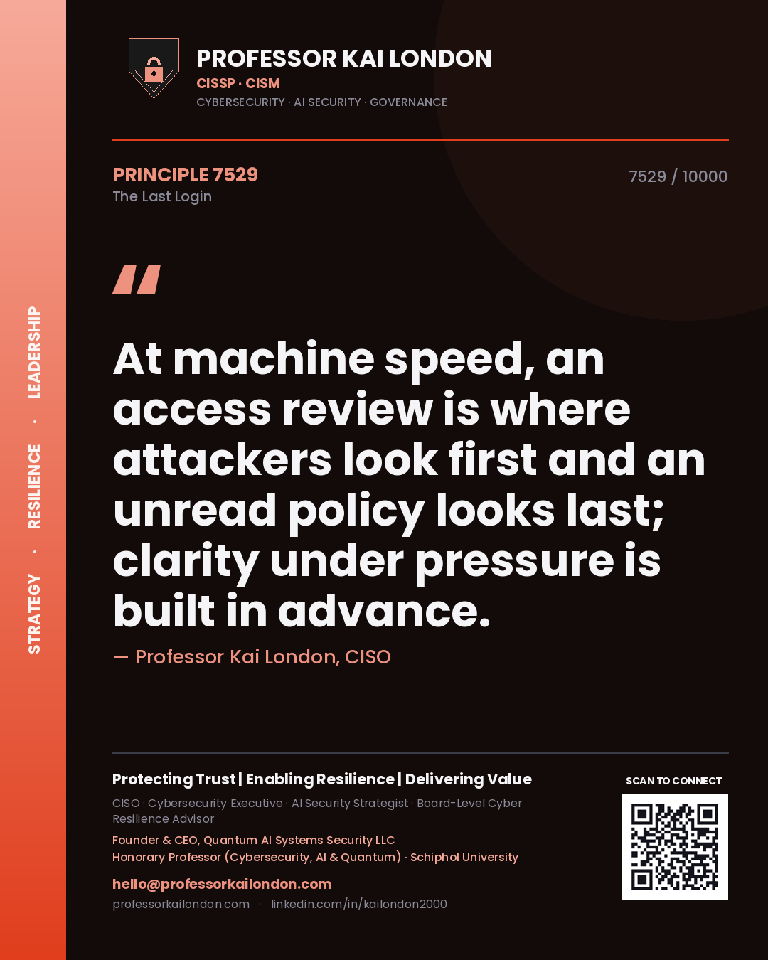 Quote card by Professor Kai London reading 'At machine speed, an access review is where attackers look first and an unread policy looks last; clarity under pressure is built in advance.'. From the book The Last Login.