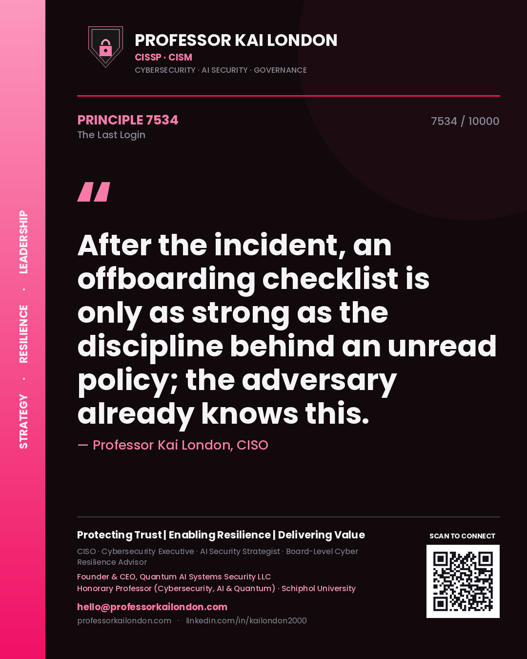 Quote card by Professor Kai London reading 'After the incident, an offboarding checklist is only as strong as the discipline behind an unread policy; the adversary already knows this.'. From the book The Last Login.