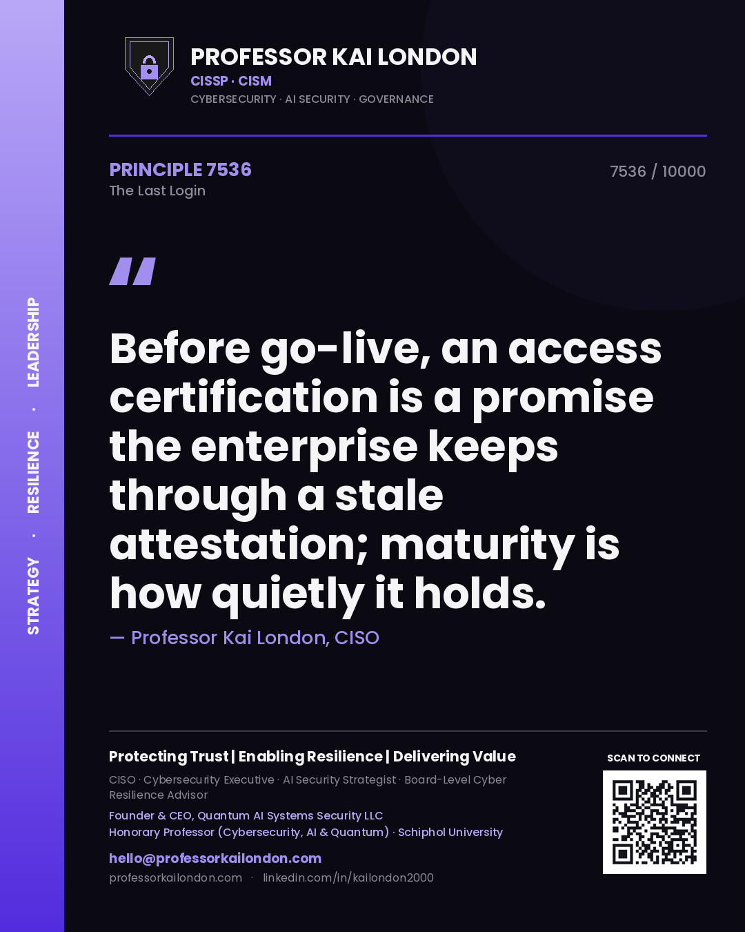Professor Kai London principle 7536: Before go-live, an access certification is a promise the enterprise keeps through a stale attestation; maturity is how quietly it holds.