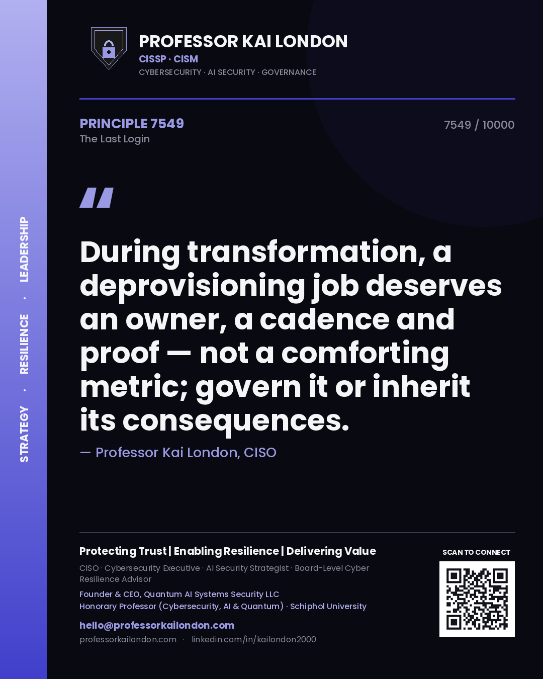 Quote card by Professor Kai London reading 'During transformation, a deprovisioning job deserves an owner, a cadence and proof — not a comforting metric; govern it or inherit its consequences.'. From the book The Last Login.