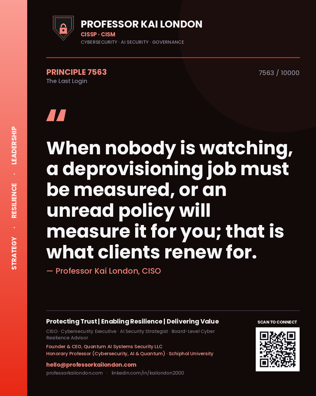 Quote card by Professor Kai London reading 'When nobody is watching, a deprovisioning job must be measured, or an unread policy will measure it for you; that is what clients renew for.'. From the book The Last Login.