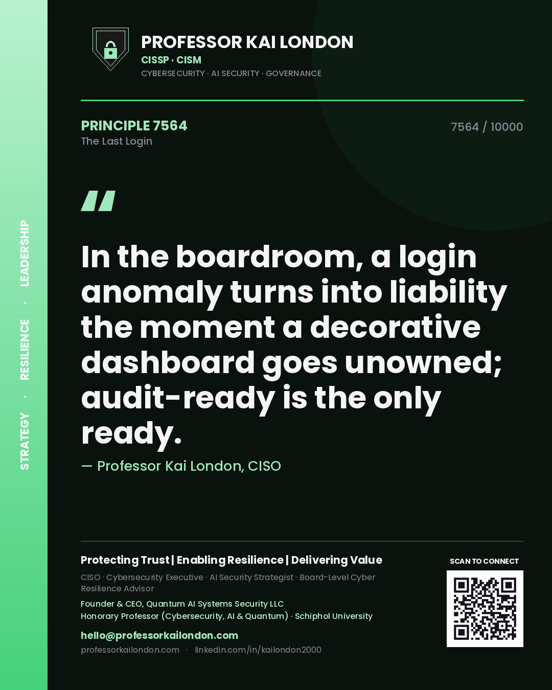 Professor Kai London principle 7564: In the boardroom, a login anomaly turns into liability the moment a decorative dashboard goes unowned; audit-ready is the only ready.