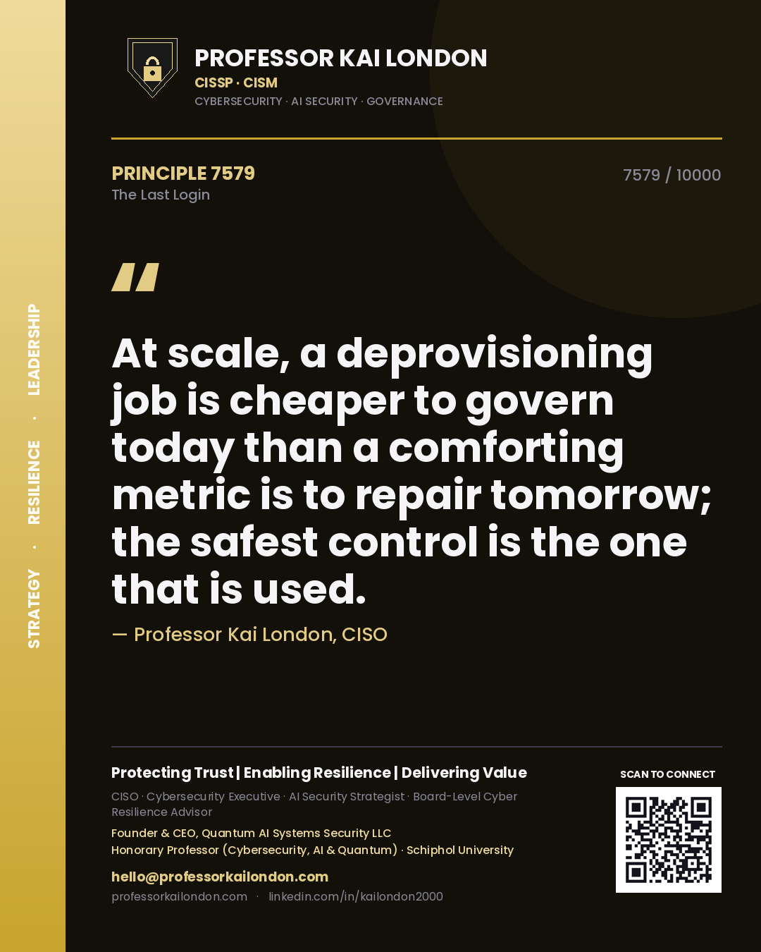 Quote card by Professor Kai London reading 'At scale, a deprovisioning job is cheaper to govern today than a comforting metric is to repair tomorrow; the safest control is the one that is used.'. From the book The Last Login.