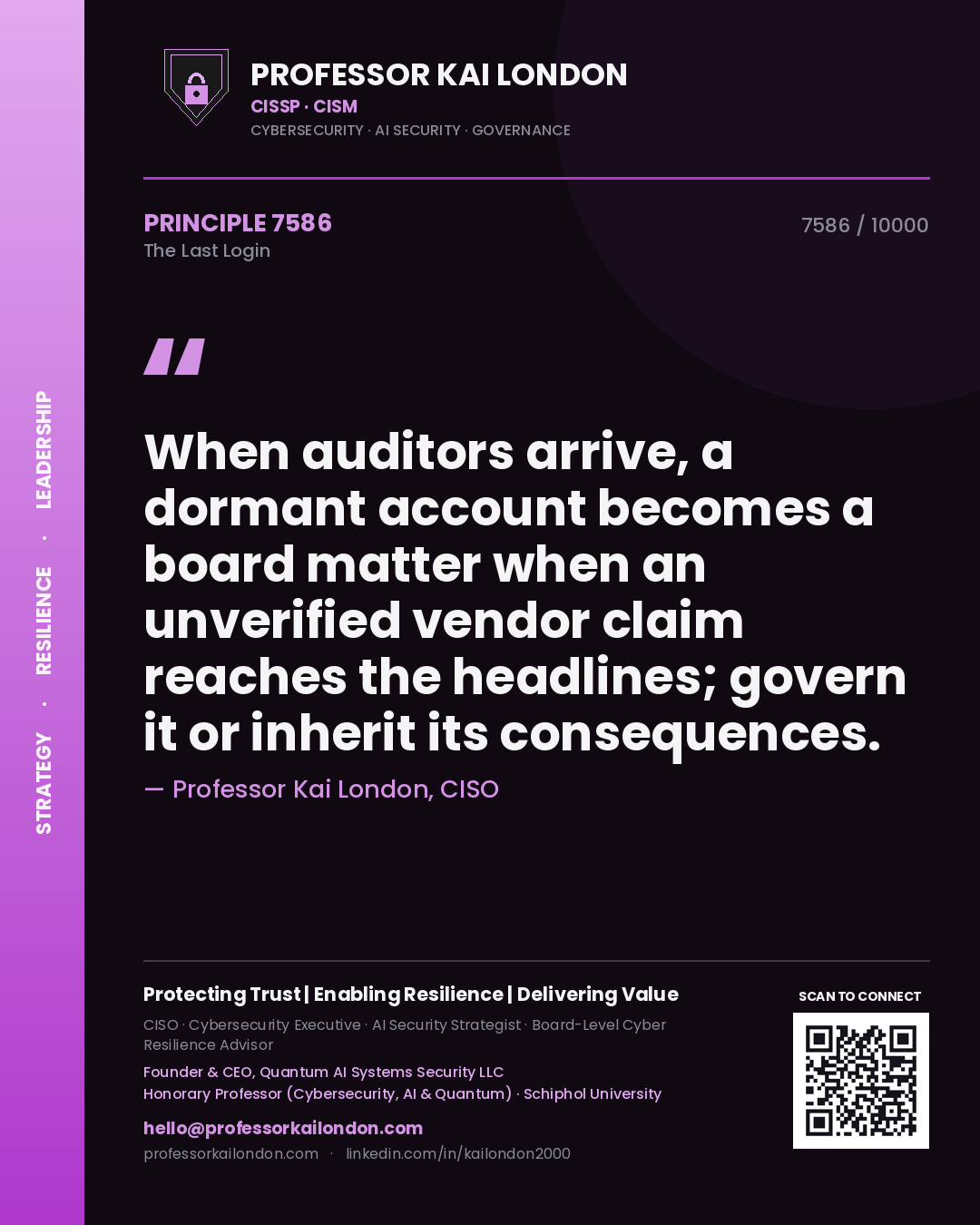 Quote card by Professor Kai London reading 'When auditors arrive, a dormant account becomes a board matter when an unverified vendor claim reaches the headlines; govern it or inherit its consequences.'. From the book The Last Login.