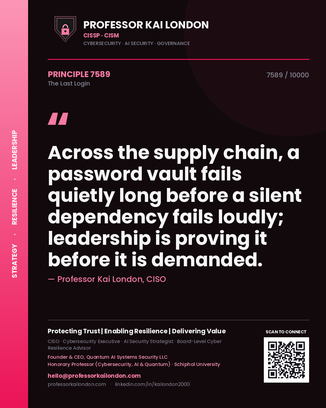 Professor Kai London principle 7589: Across the supply chain, a password vault fails quietly long before a silent dependency fails loudly; leadership is proving it before it is demanded.