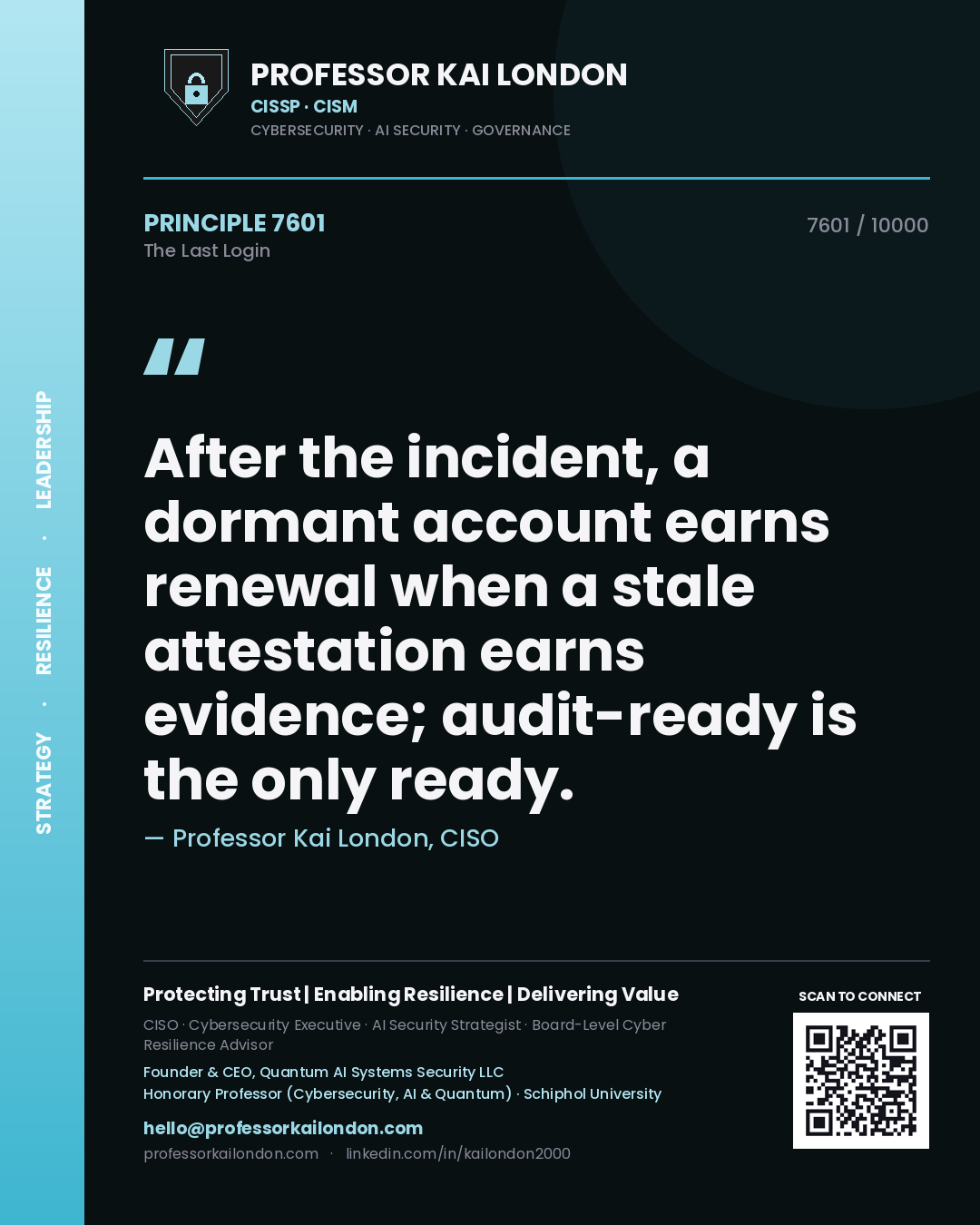 Quote card by Professor Kai London reading 'After the incident, a dormant account earns renewal when a stale attestation earns evidence; audit-ready is the only ready.'. From the book The Last Login.