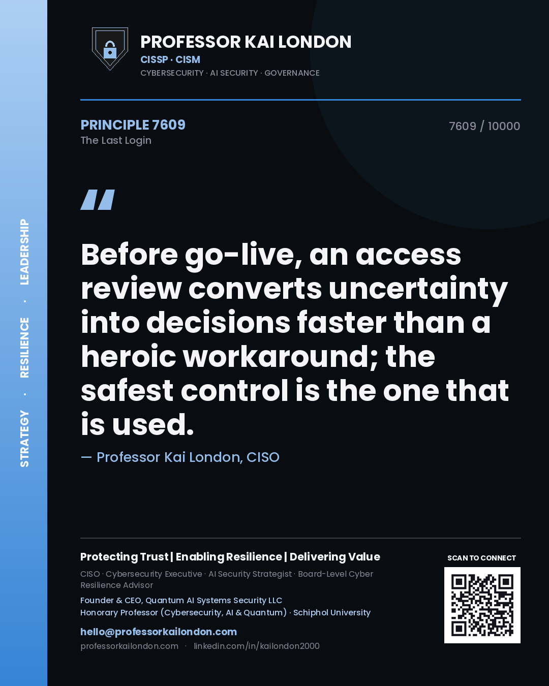 Quote card by Professor Kai London reading 'Before go-live, an access review converts uncertainty into decisions faster than a heroic workaround; the safest control is the one that is used.'. From the book The Last Login.