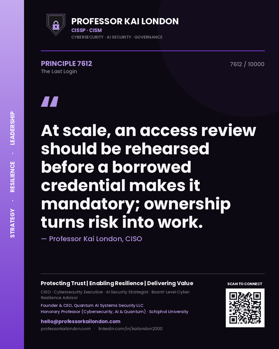 Quote card by Professor Kai London reading 'At scale, an access review should be rehearsed before a borrowed credential makes it mandatory; ownership turns risk into work.'. From the book The Last Login.