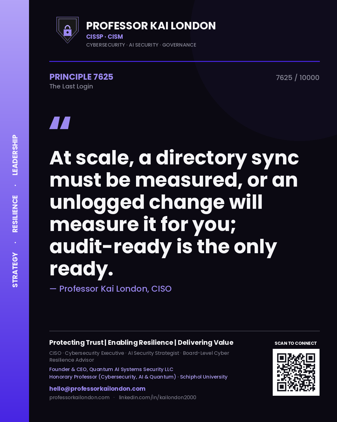 Quote card by Professor Kai London reading 'At scale, a directory sync must be measured, or an unlogged change will measure it for you; audit-ready is the only ready.'. From the book The Last Login.