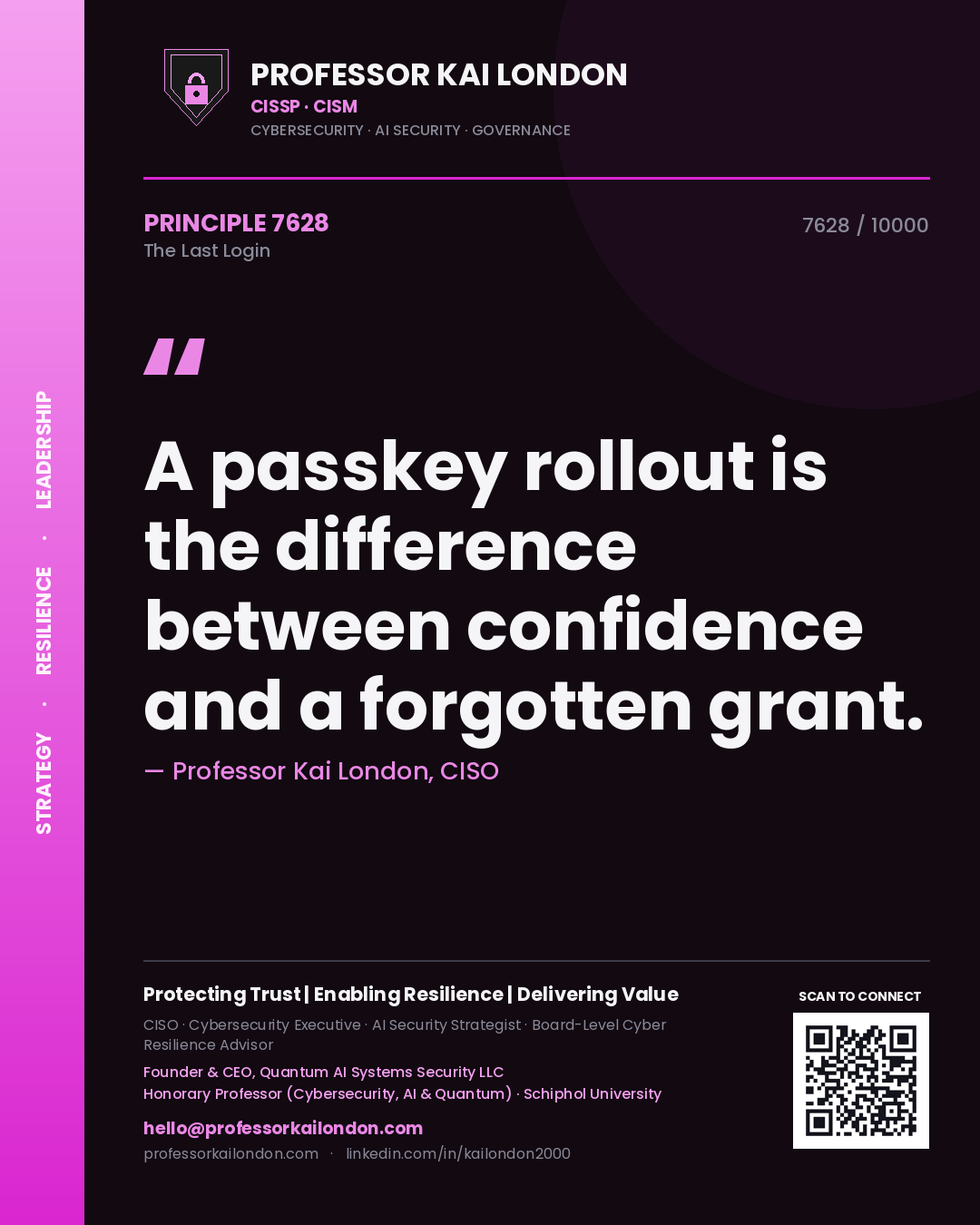 Quote card by Professor Kai London reading 'A passkey rollout is the difference between confidence and a forgotten grant.'. From the book The Last Login.